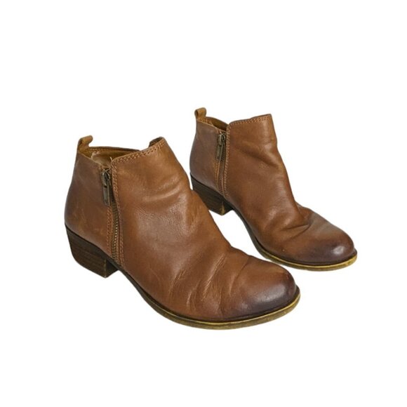 Lucky Brand Tan Brown Leather Side Zip Heeled Ankle Booties - Picture 1 of 8